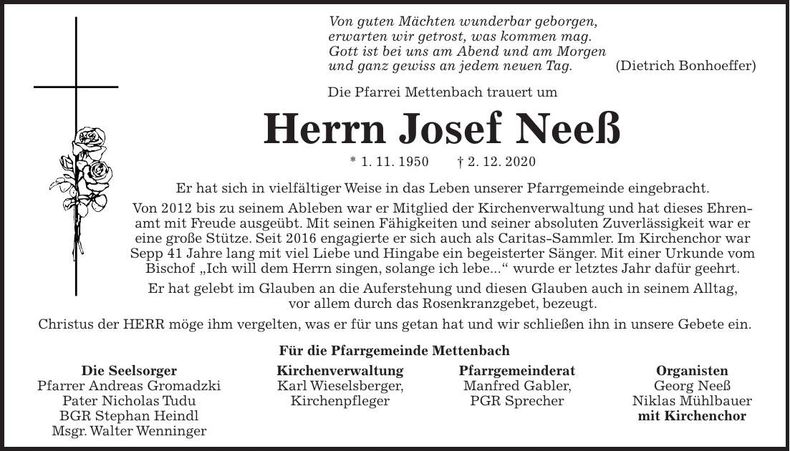 Traueranzeige Josef Neeß