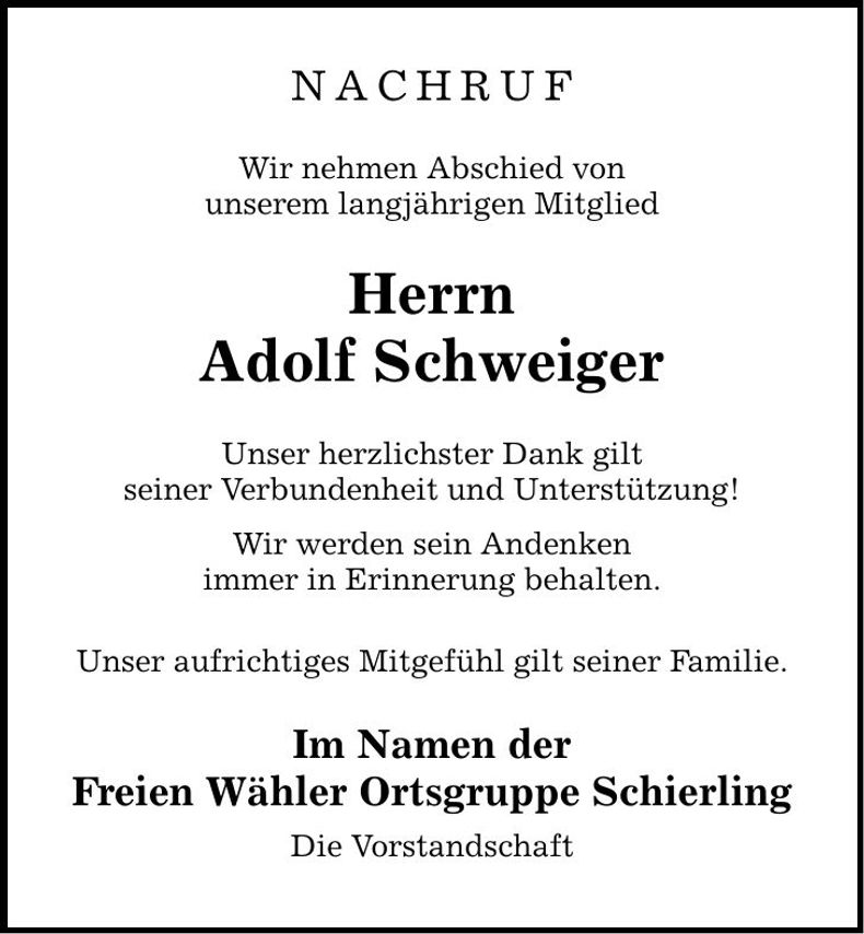 Traueranzeige Adolf Schweiger