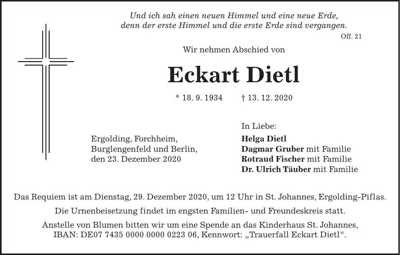 Traueranzeige Dietl Eckart
