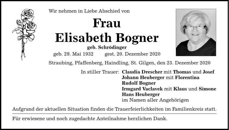 Traueranzeige Elisabeth Bogner