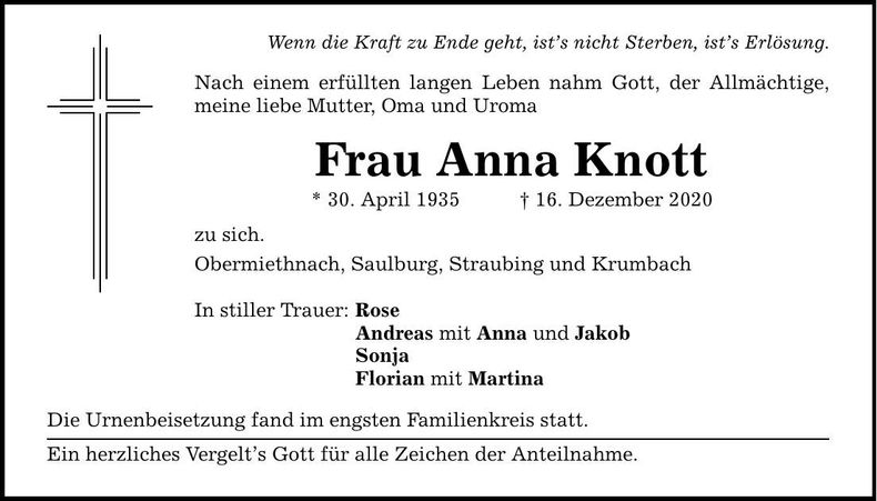 Traueranzeige Anna Knott