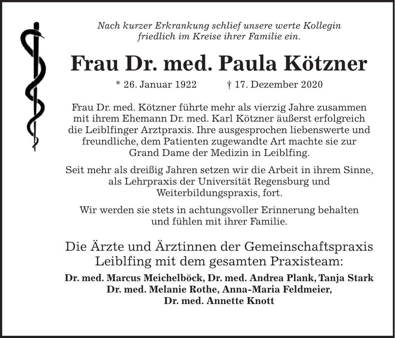 Traueranzeige Paula Kötzner