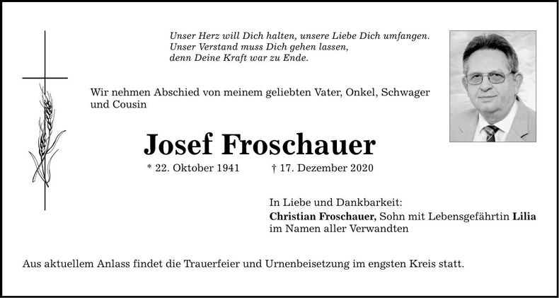 Traueranzeige Josef Froschauer