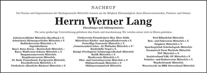 Traueranzeige Werner Lang