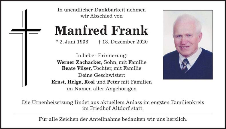 Traueranzeige Manfred Frank