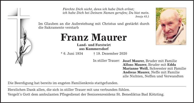 Traueranzeige Franz Maurer