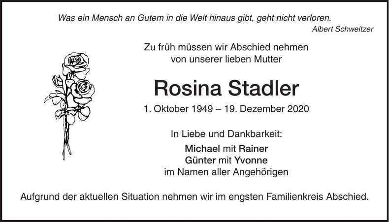 Traueranzeige Rosina Stadler