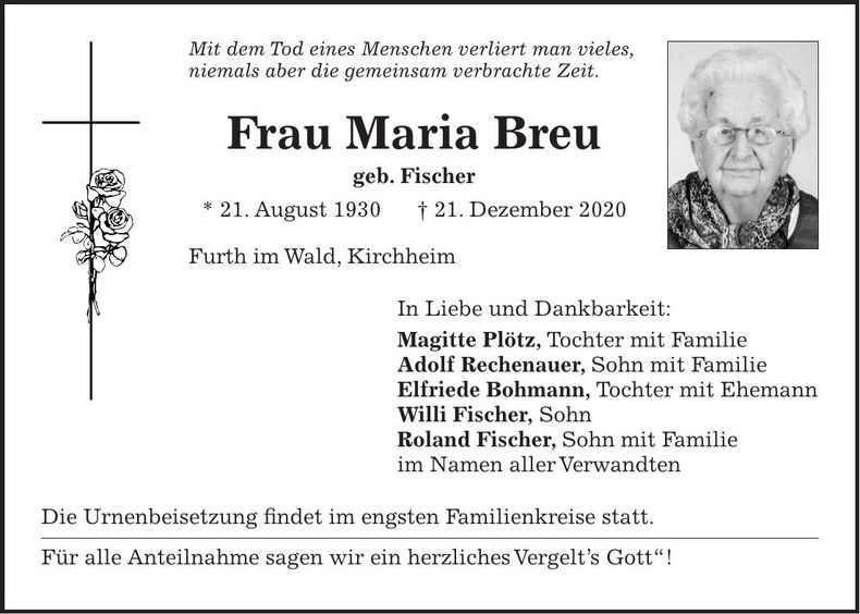 Traueranzeige Maria Breu