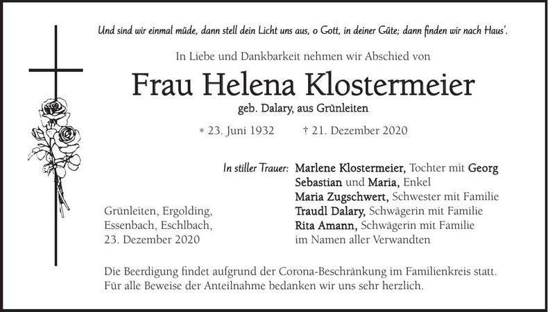 Traueranzeige Helena Klostermeier