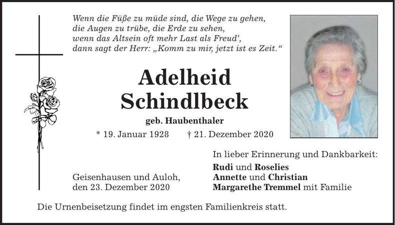 Traueranzeige Adelheid Schindlbeck