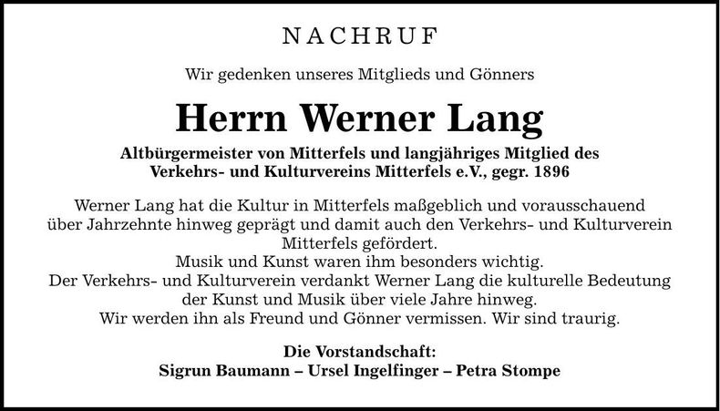 Traueranzeige Werner Lang