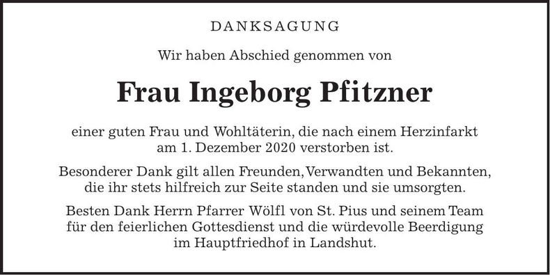 Traueranzeige Ingeborg Pfitzner