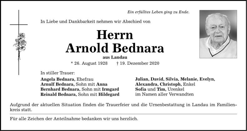 Traueranzeige Arnold Bednara