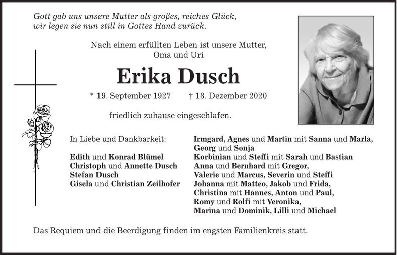 Traueranzeige Erika Dusch