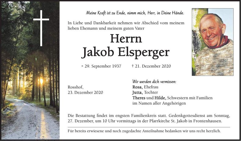 Traueranzeige Jakob Elsperger