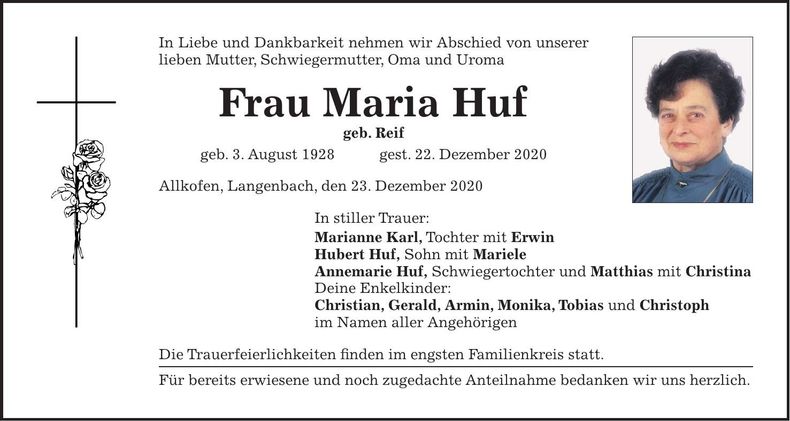 Traueranzeige Maria Huf