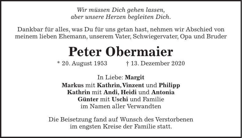 Traueranzeige Peter Obermaier