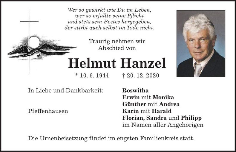 Traueranzeige Helmut Hanzel