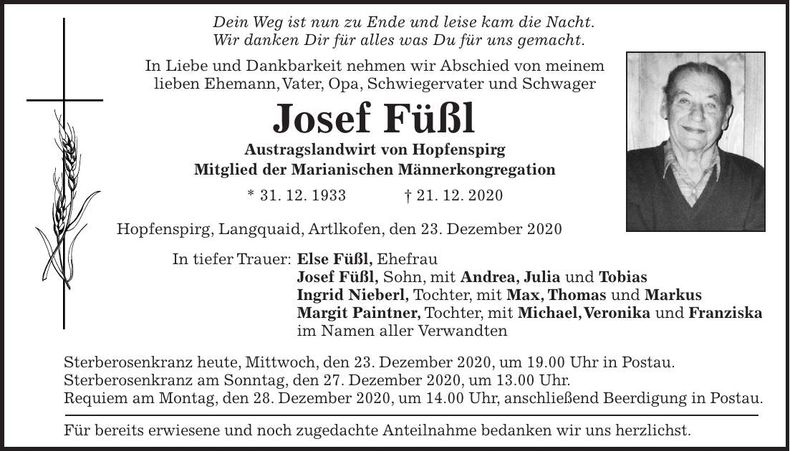 Traueranzeige Josef Füßl