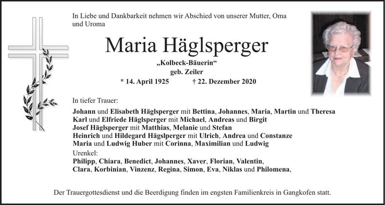 Traueranzeige Maria Häglsperger