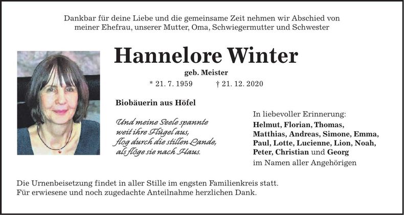 Traueranzeige Hannelore Winter