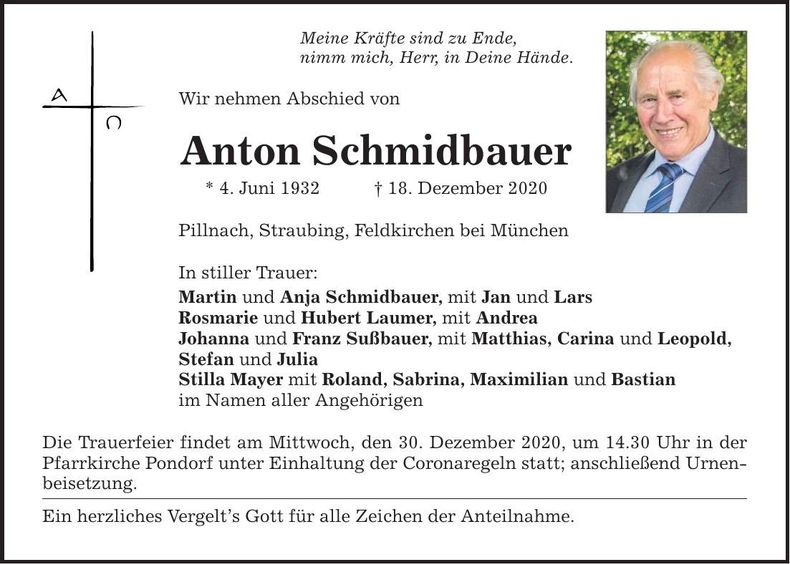 Traueranzeige Anton Schmidbauer
