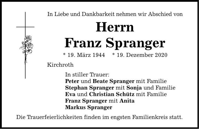 Traueranzeige Franz Spranger