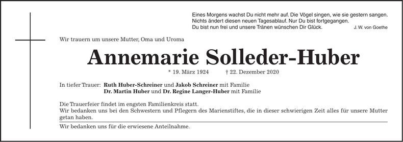 Traueranzeige Annemarie Solleder-Huber