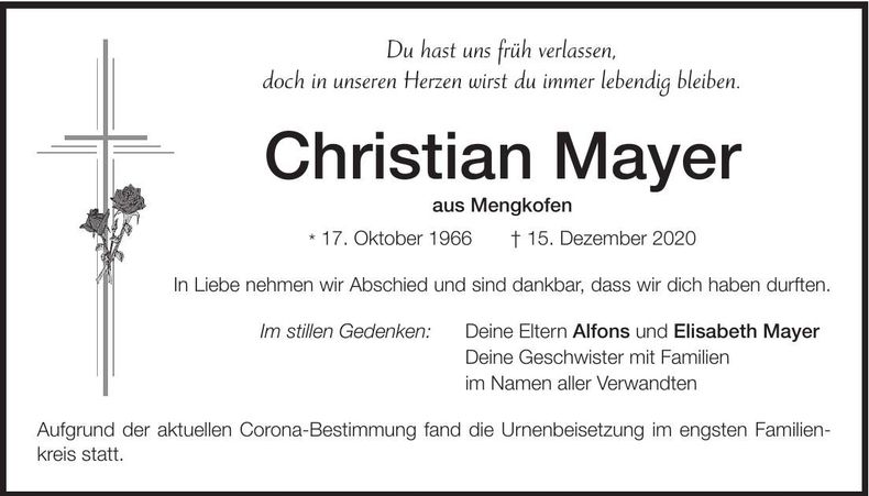 Traueranzeige Christian Mayer