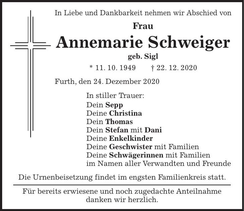 Traueranzeige Annemarie Schweiger