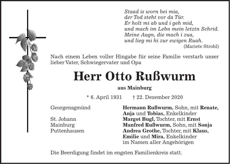Traueranzeige Otto Rußwurm