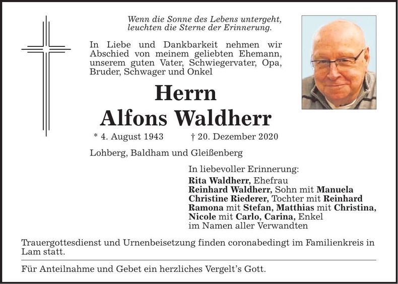 Traueranzeige Alfons Waldherr