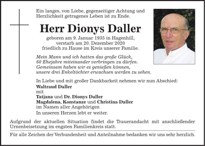 Traueranzeige Dionys Daller