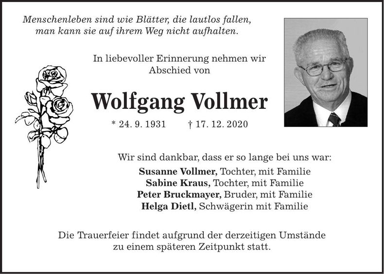 Traueranzeige Wolfgang Vollmer