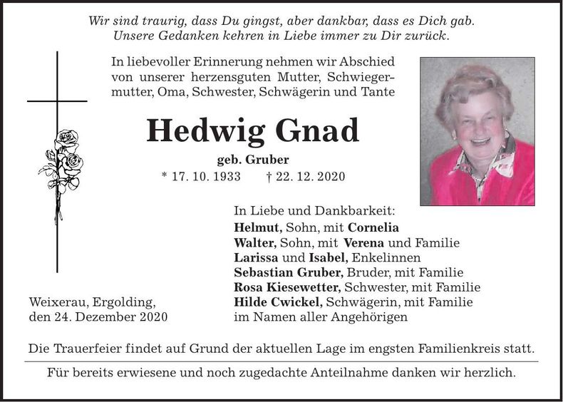 Traueranzeige Hedwig Gnad