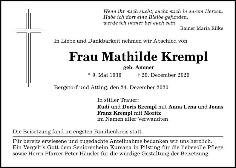 Traueranzeige Mathilde Krempl