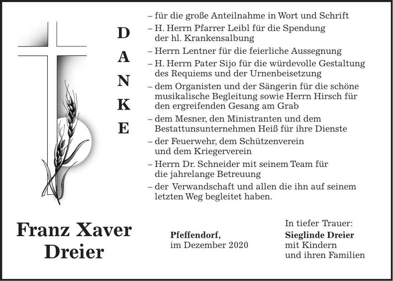 Traueranzeige Franz Xaver Dreier