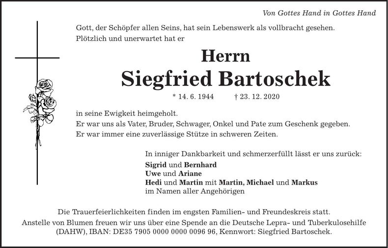 Traueranzeige Siegfried Bartoschek