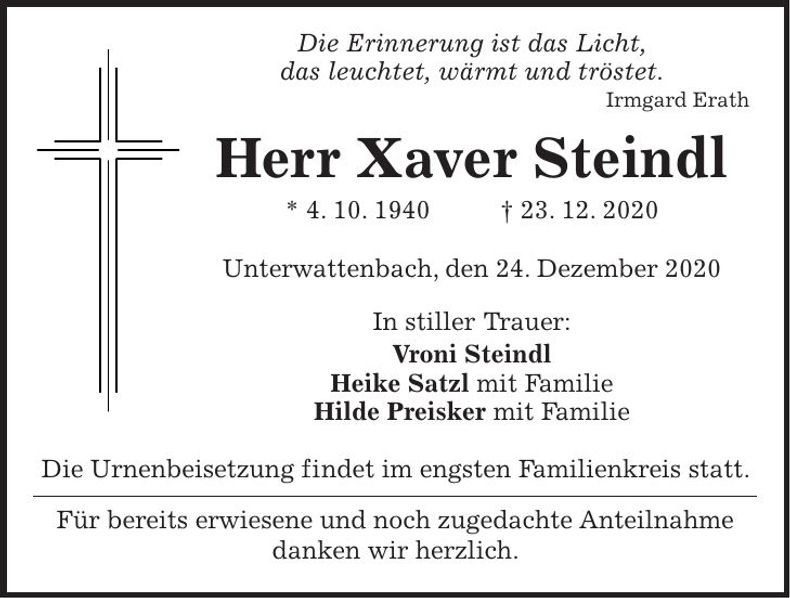 Traueranzeige Xaver Steindl