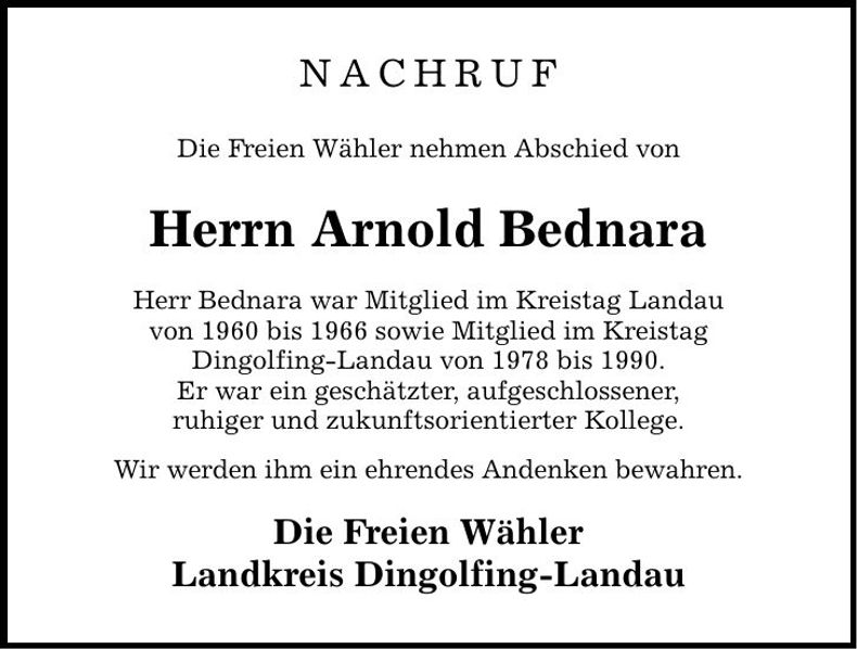 Traueranzeige Arnold Bednara
