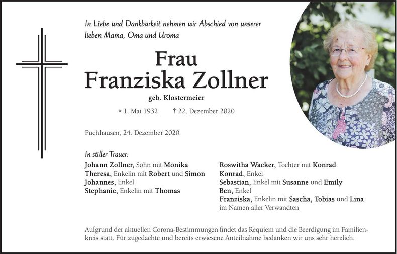 Traueranzeige Franziska Zollner