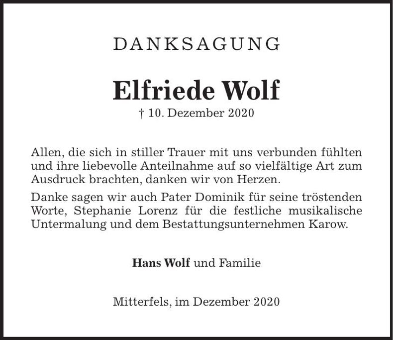 Traueranzeige Elfriede Wolf
