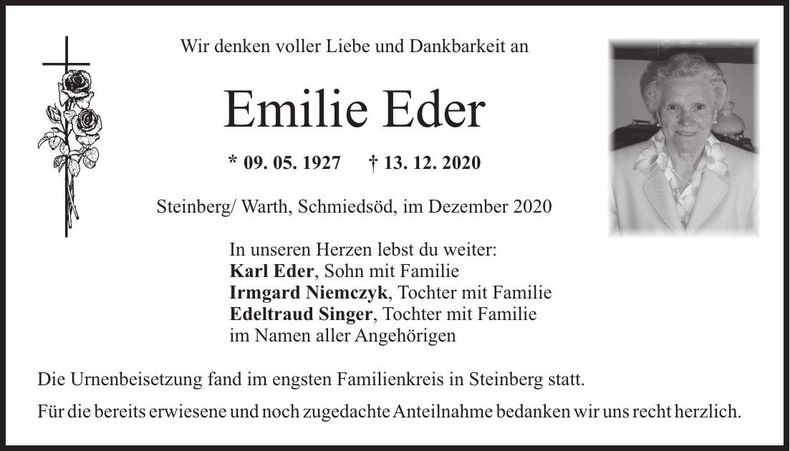 Traueranzeige Emilie Eder