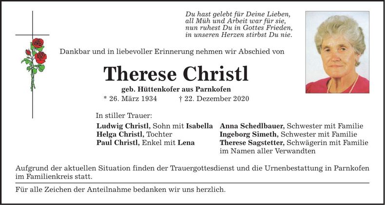 Traueranzeige Therese Christl