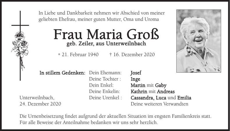Traueranzeige Maria Groß