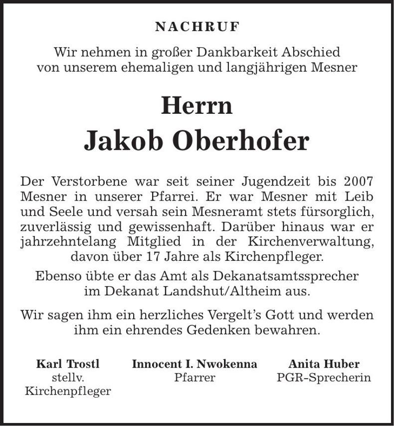 Traueranzeige Jakob Oberhofer