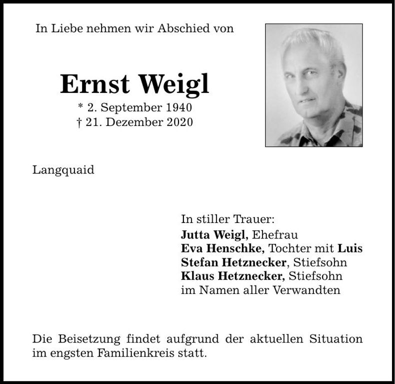 Traueranzeige Ernst Weigl