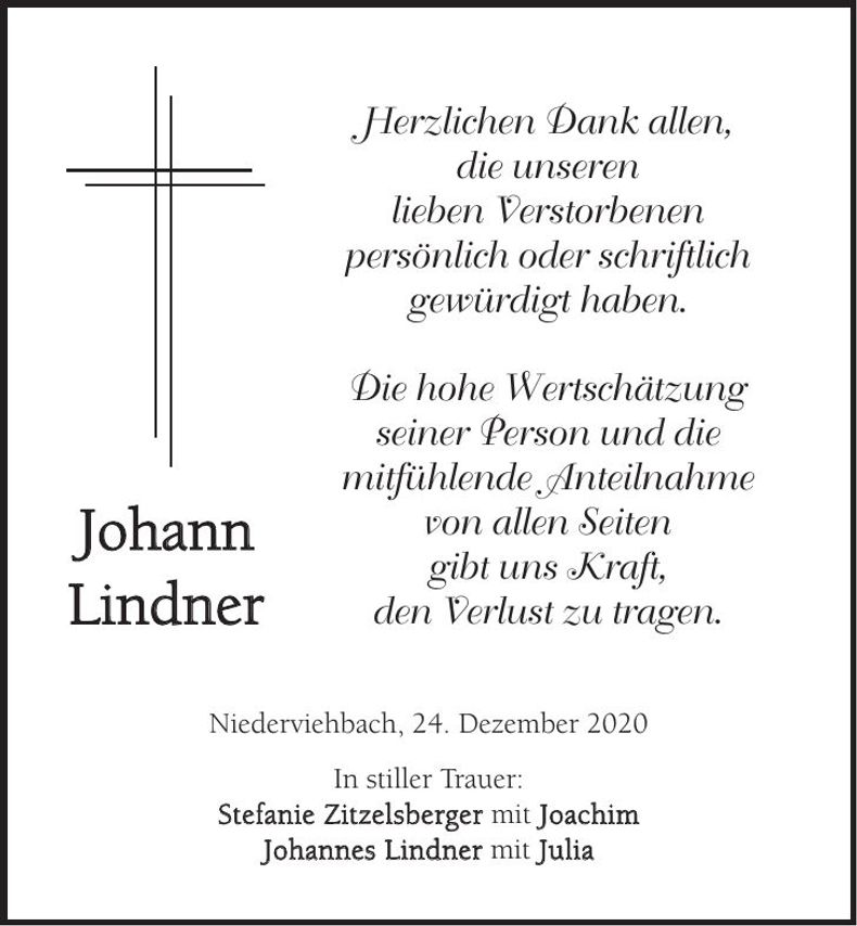 Traueranzeige Johann Lindner