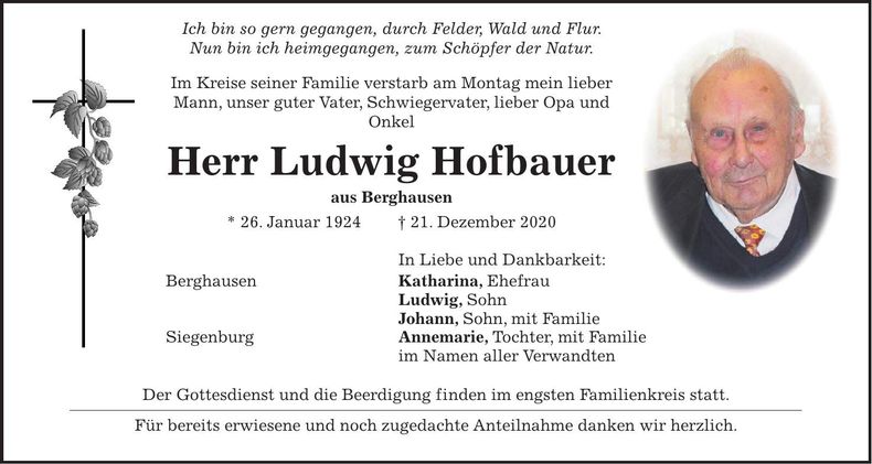 Traueranzeige Ludwig Hofbauer