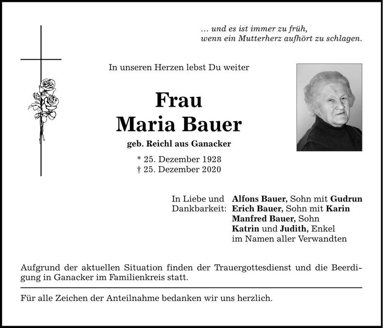 Traueranzeige Maria Bauer